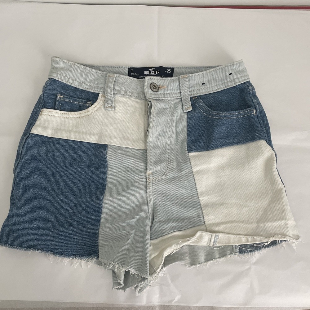 Hollister Vintage Color Block Denim Shorts Ultra High Rise Size 1 W25 Blue White